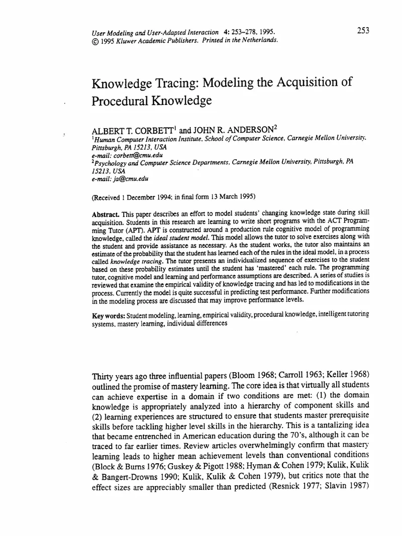 Corbett & Anderson (1994) · Knowledge Tracing: Modeling the Acquisition of Procedural Knowledge · User Modeling and User-Adapted Interaction 4, 253–278