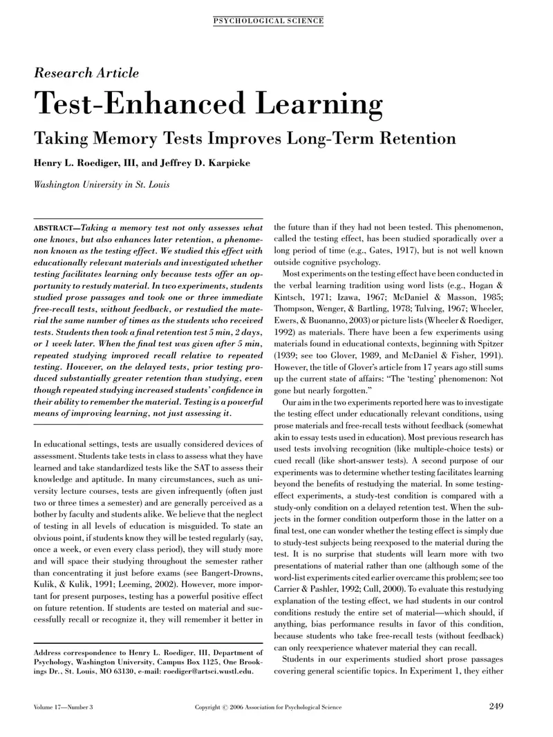 Roediger & Karpicke (2006) · Test-Enhanced Learning: Taking Memory Tests Improves Long-Term Retention · Psychological Science 17(3), 249–255